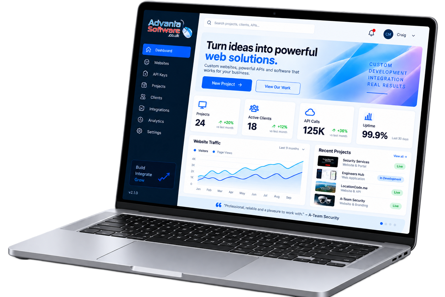 AdvantaSoft client dashboard showing projects, API activity and live results